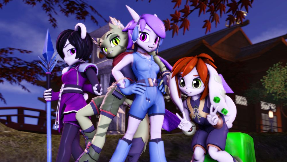 3D render in Source Filmmaker featuring the characters of Freedom Planet. Left to right is Neera, Carol, Lilac and Milla. Lilac and Carol stand prominently in the middle with Carol leaning beside Lilac in her heroic pose. Milla crouches slightly with two thumbs up while Neera stands dignified with a slight smile. Modeled created by Sindroom and part of TyrakatheDragonFan's Freedom Planet MegaPack.