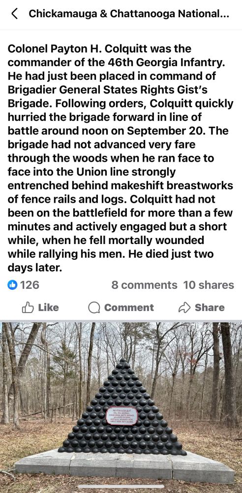 A story about FmStsres Rights Gist, , a confederate general, a photo of a pyramid of Civil War cannonball and Chickamauga, Battlefield, Chickamauga, Georgia