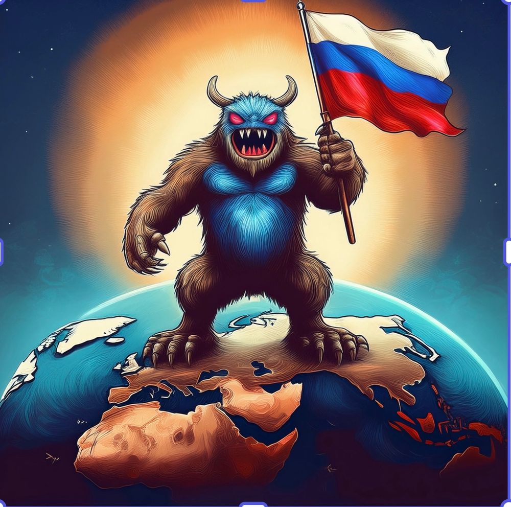 Is AI image of a monster holding a Russian flag stating on top of the world