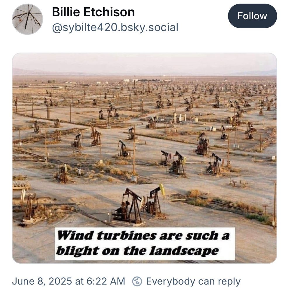 Photo of an oil field with lots of whales it says wind tire blinds are such a light on the landscape