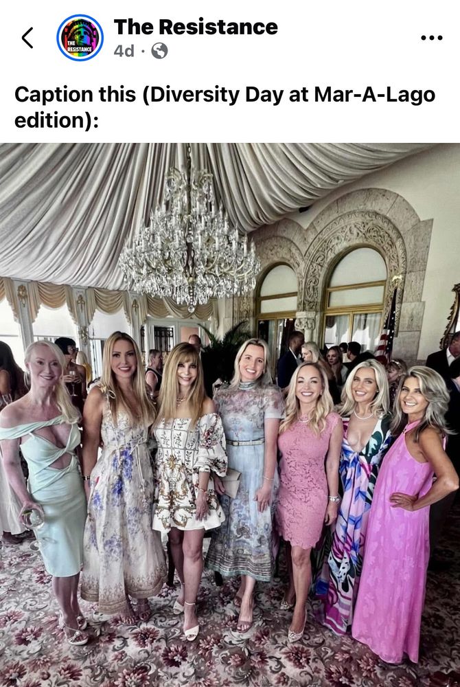 Photo of a whole group of blonde fake looking women at Mar-a-Lago. The one on the left looks like her dress is made of torn up old white sheets from the 60s.