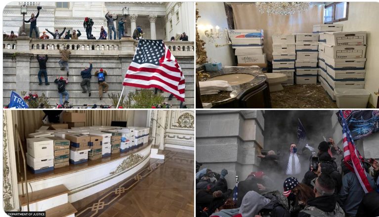 Photos of boxes of stolen documents Trump took from the US government and stored at Mar-a-Lago and two photos of the attack on the Capitol.