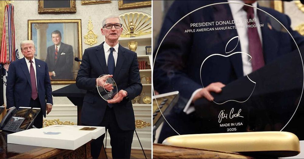 Apple CEO Tim Cook schenkt Donald Trump eine Auszeichnung auf einer 24k Base.