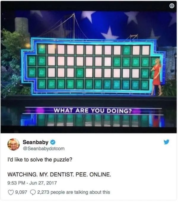 Screenshot of a tweet of a Wheel of Fortune puzzle with all blank letters 