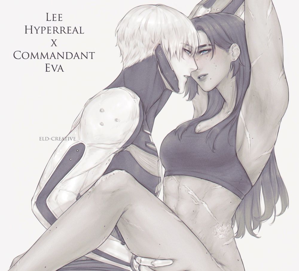 Sketch of Lee Hyperreal and my PGR Commandant Eva is in suggestive pose. Eva encircles him with her bare legs, she only wears a short black top, her hair is loose and she's smiling teasingly. Lee pins both of her arms to the wall with one hand and holds her left thigh with another, his expression is tense. They're both blushing a bit.