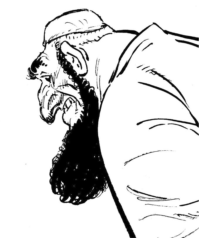 A droite la caricature islamophobe de Charlie Hebdo, qui reprend tous les codes de la caricature antisémite de gauche, en inversant l'orientation du profil et en remplaçant la Kippa par une Chéchia 