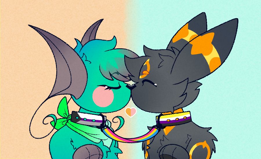 A bweh and a chu having a cute kiss. Raichu's collar is demisexual, Umbreon's collar is nonbinary, and the leash between them is pansexual. Raichu is minty-green in color and wears a green-and-white scarf. Umbreon has orange rings with a spike pointing up.