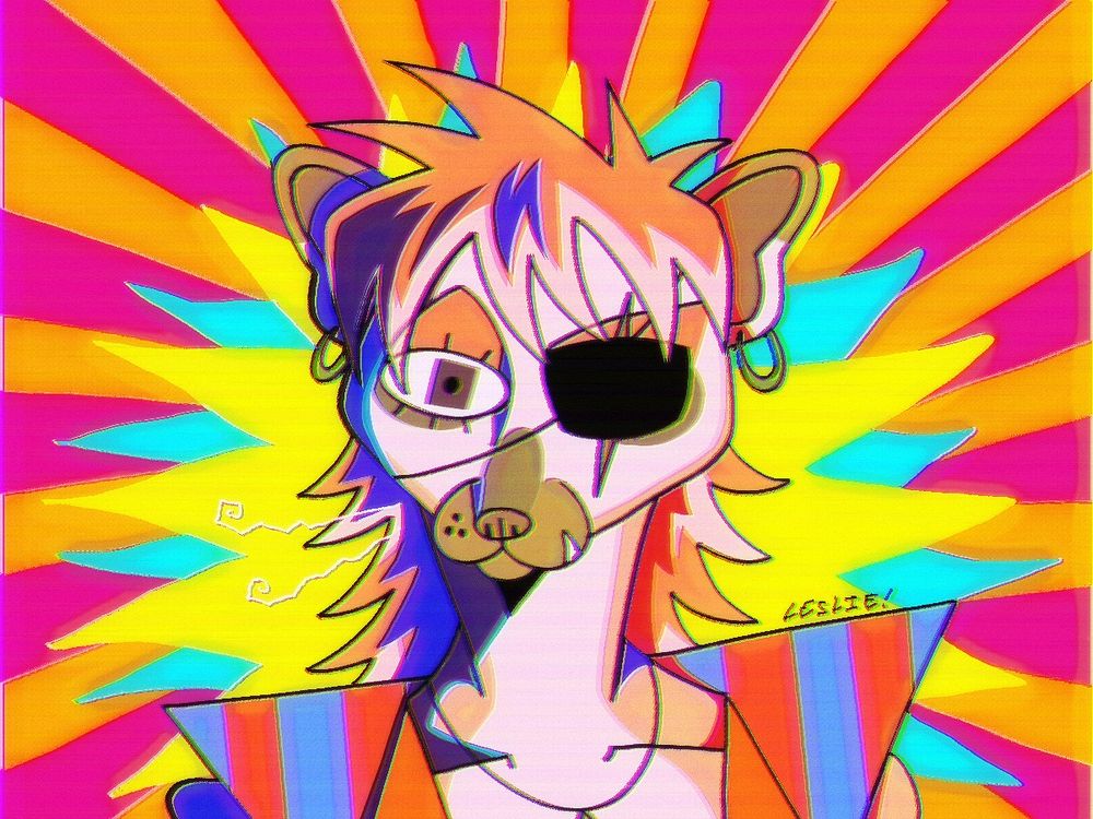 bust shot revenge on magicdance of Jupiter, a ringtail dressed reminiscent of David Bowie. he has a pink and white striped mullet, and is wearing a blue and orange striped vest and a necklace. he has small hoop earrings and wears an eyepatch over his left eye, which also has a scar over it. he has a snaggle tooth. drawn in an abstract style with bright colors, various shapes, and colorful, contrasting shading. blue and yellow shapes behind him frame him, while the rest of the background is orange and pink radiating lines. drawn in a cartoony style with effects reminiscent of 80s cartoons.