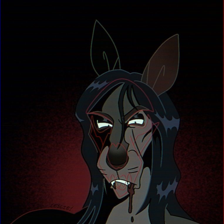 bust shot attack on coyote-sick, of Thomas, a vampire red kangaroo with brownish fur and long black hair. blood drips from his fangs as he grimaces. an outline of his skull is overlayed over his face in red. the background is black with a red glow behind him. drawn in a cartoony style with effects reminiscent of 80s cartoons.