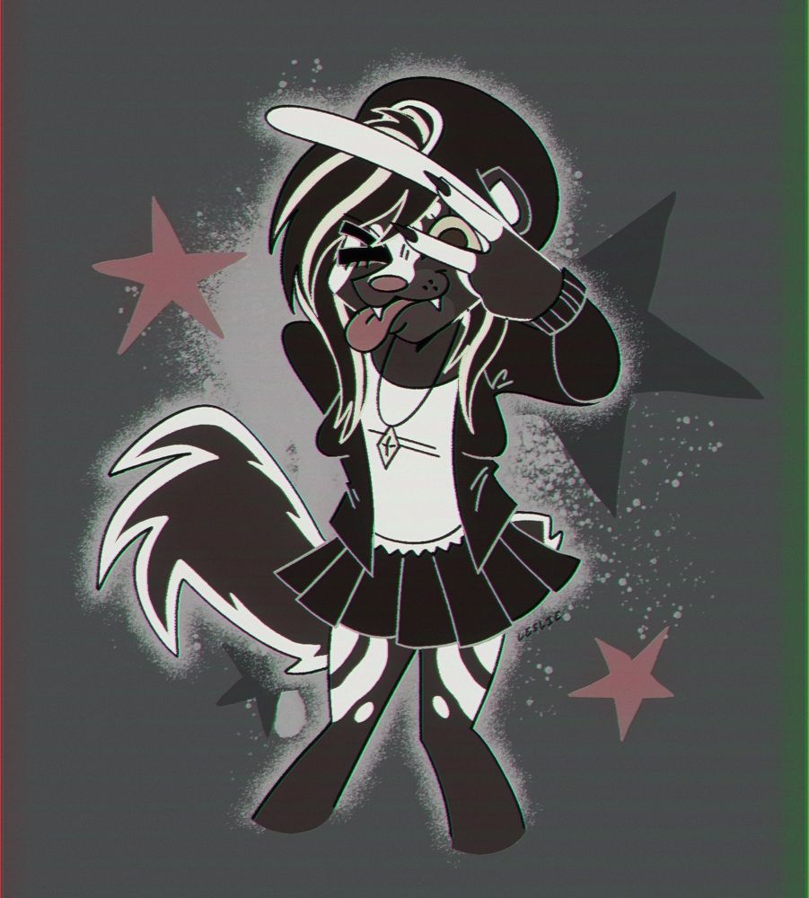 full-body revenge on citielights of Laine, a spotted skunk with black and white fur and hair. she is smiling with her tongue out, and holding her hand in a peace sign over her eye. she is wearing a black sweatshirt over a white blouse and a black pleated skirt, and a black and white baseball cap, as well as a crystal necklace. the background is grey with a lighter splatter behind her and darker grey and pink stars. drawn in a cartoony style with effects reminiscent of 80s cartoons.