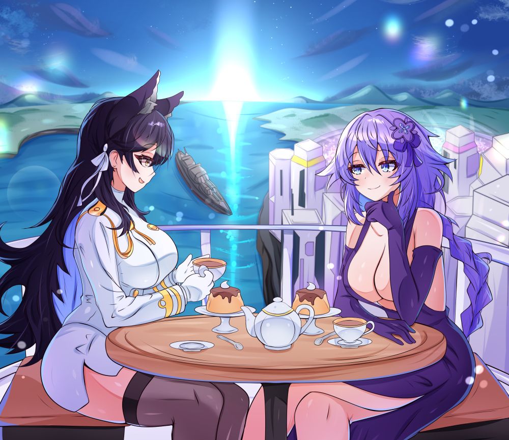 Atago from Azur Lane and Purple Heart from Neptunia sitting at a table on a balcony, enjoying tea and puddings together