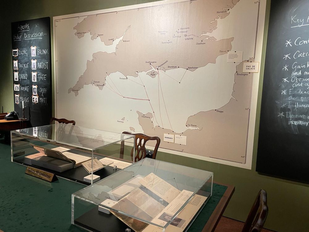 A map of the potentially WW2 routes across the channel and a variety of documents regarding double agents. 