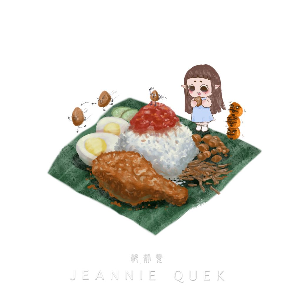 椰浆饭旁边有个少女娃娃在吃着花生