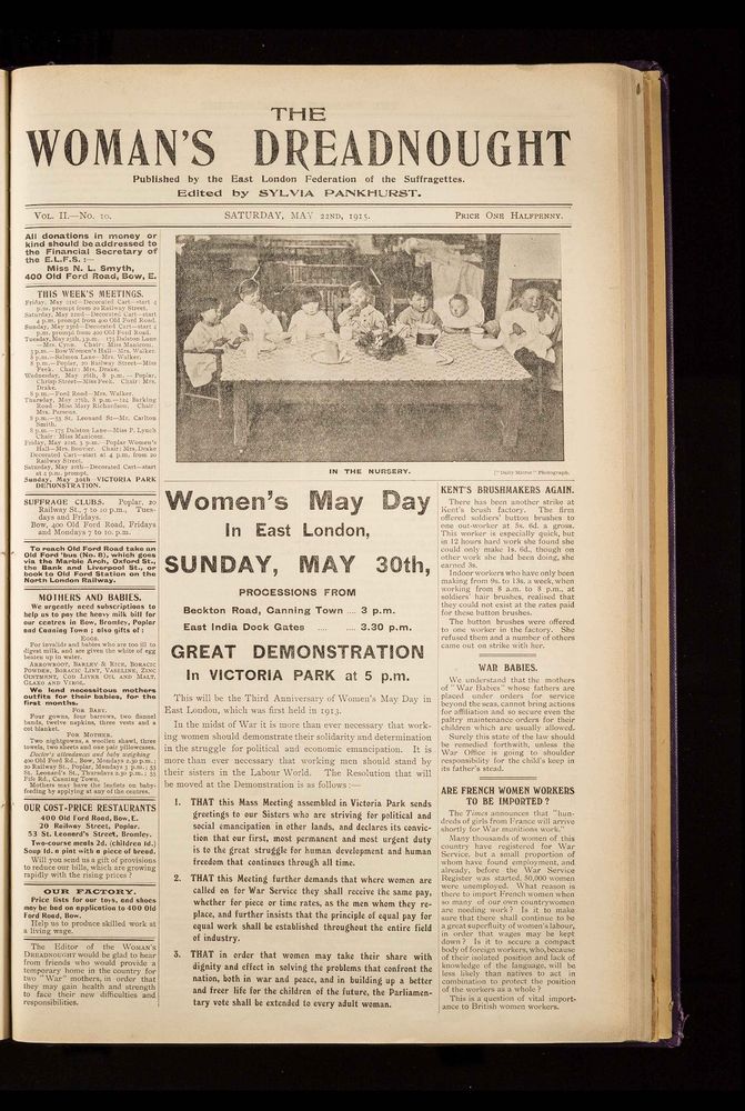 front page of womens dreadnought newspaper may 1915 shows image of children in a nursery and advert for womens may day demonstration.
