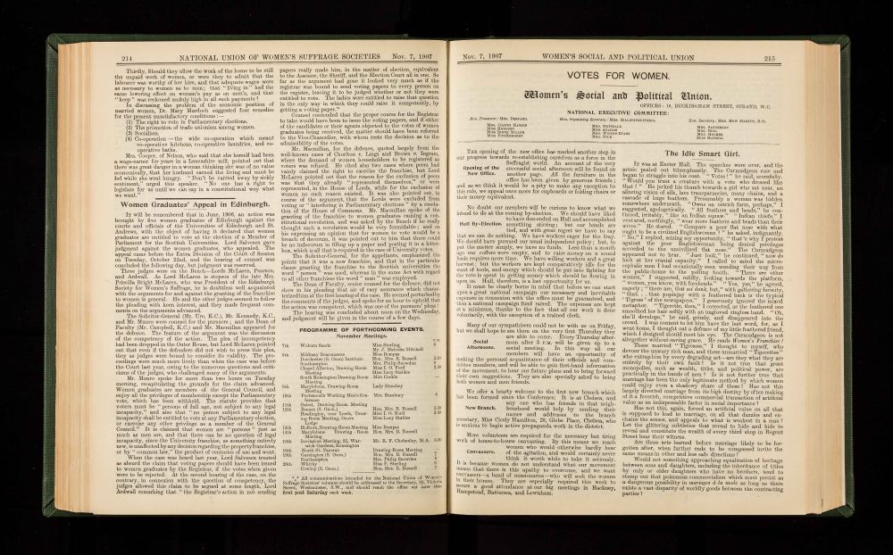page of 1907 womens franchise journal headline Scottish women graduates campaign for vote