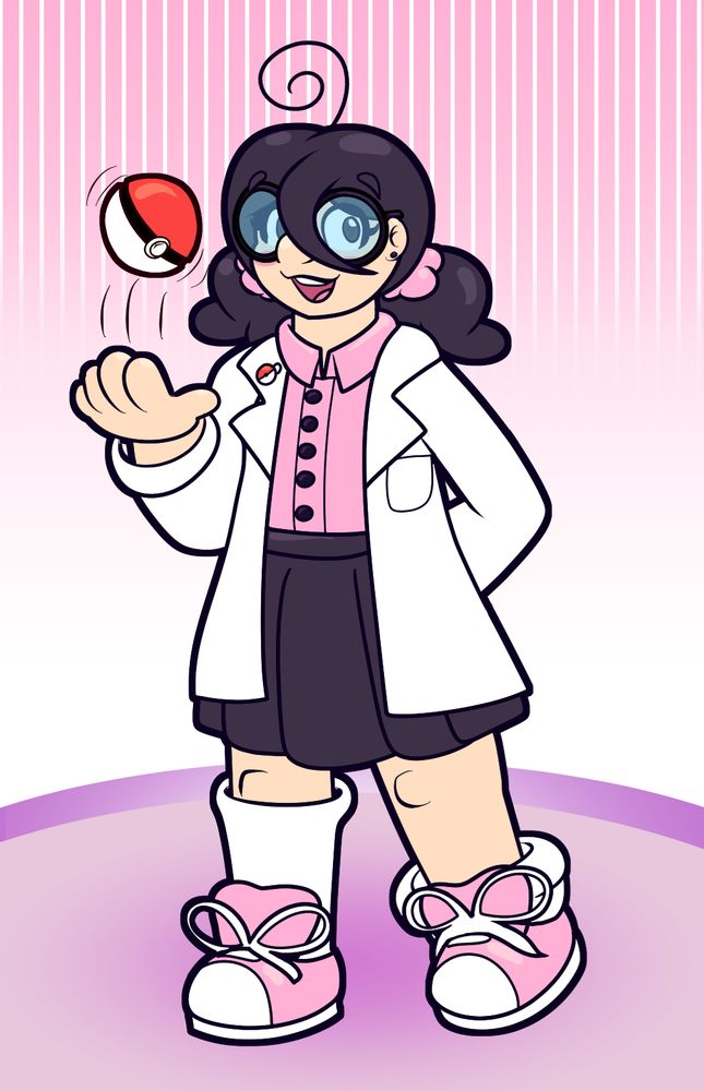 Professor maple is about to lecture you! She is flipping a pokeball with her (fucked up and reversed) hand.