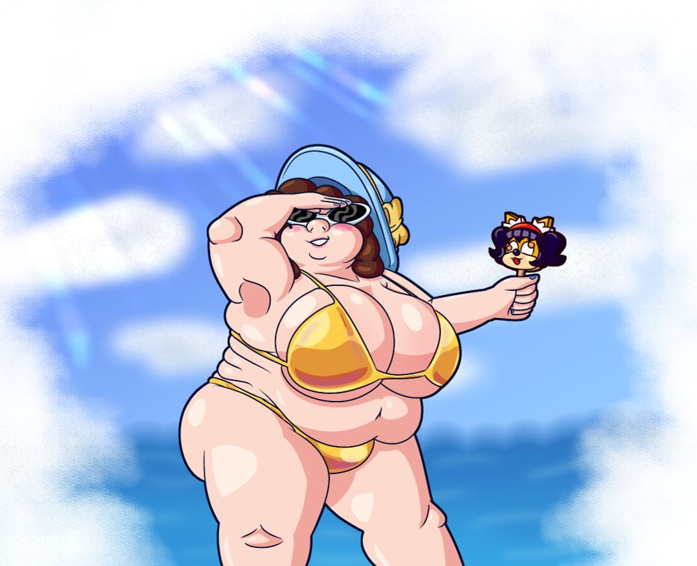 Penelope at the waves of a beach, wearing a skimpy bikini made of gold and a blue sunhat with a bow. He's holding his hand to block the sunlight as he looks up in the distance, while holding a popsicle based on Honey the Cat from Sonic.