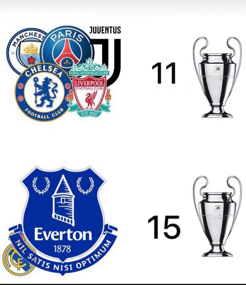 Everton having 15 Champions leagues with Madrid badge hidden behind