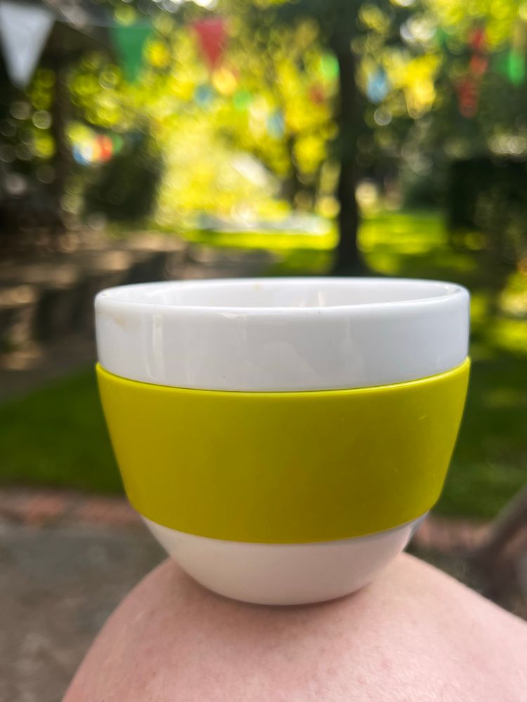 Een witte koffiekop met groene band in het midden ..bovenop een knie. Erachter vaag een grote groene tuin
