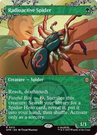 A huge black, white, and red spider with the number 42 painted on it sits in Miles Morales’ hand. Miles looks shocked at the site!