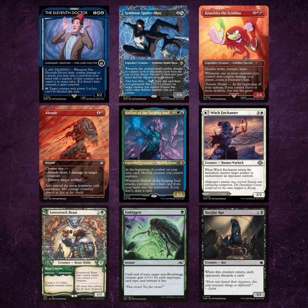 Various Magic cards from Tyler Walpole: Abrade, EleventhDoctor, Hakbal, Witch Enchanter, Burglar Rat, Lovestruck Beast, Embiggen, Knuckles, and Symbiote Spider-Man