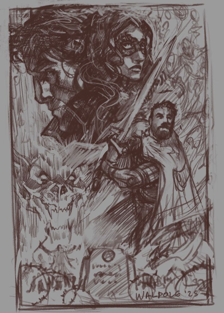 Sketch by Tyler Walpole. Montage of iconic moments from the book Grave Peril, by Jim Butcher. Features Harry, Susan, Michael, ghosts, fire, vampires and Harry’s Tombstone. 