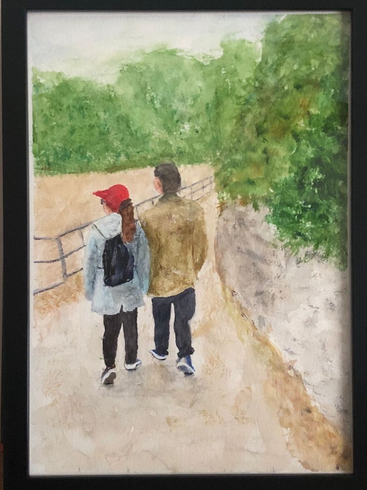 A watercolour painting of two people walking down a lane. 