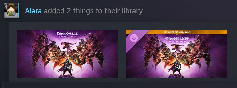 snip of steam interface of two things added to a library,  DA:V AND the Deluxe edition addon