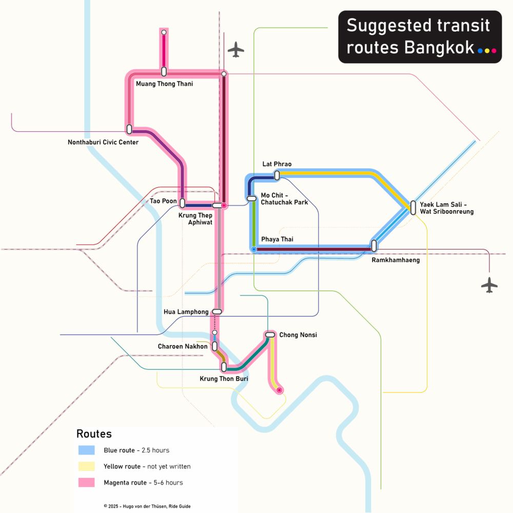 Map of the Bangkok urban railway, BRT and boat lines. Highlighted in Blue and Magenta are two routes I suggest you take depending on how much time you have