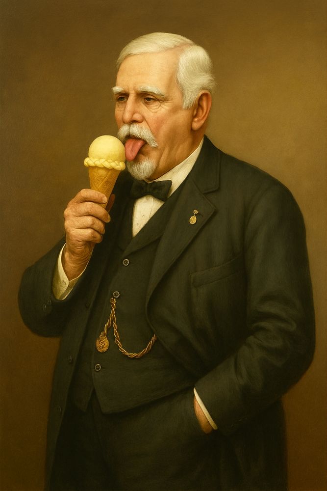 Image of an older man in black suit licking an ice cream cone.