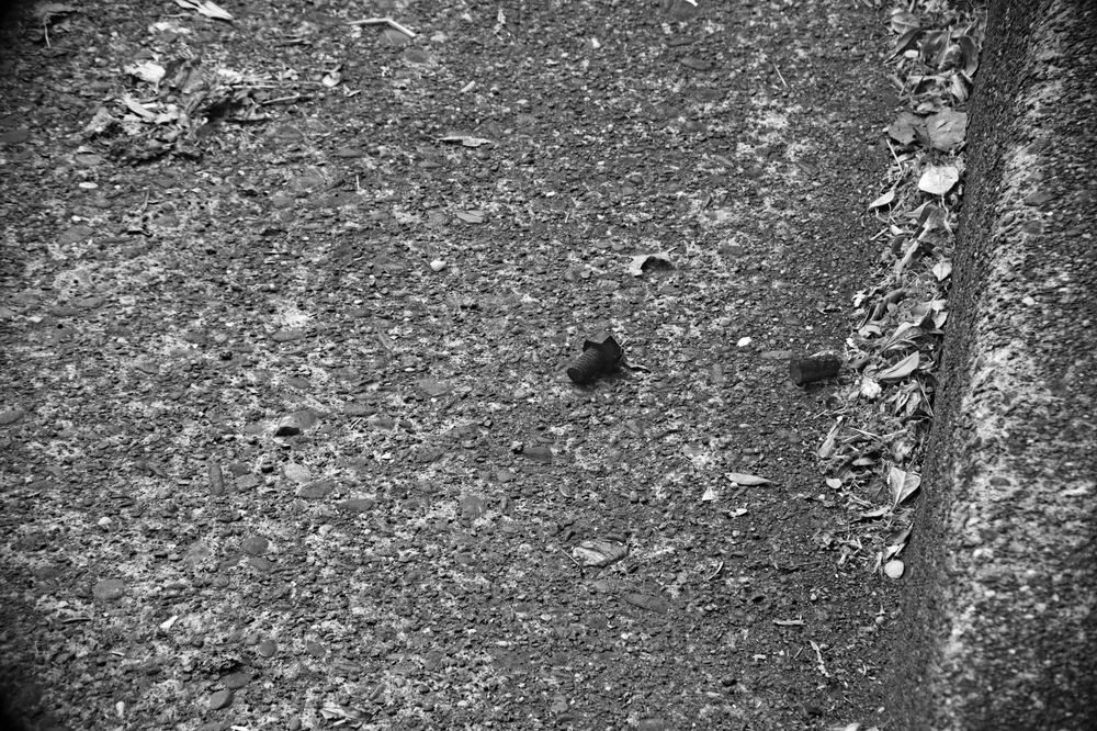 A black and white photo of a bolt lying on the road.