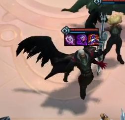 A screenshot from the game Teamfight Tactics. Camera is zoomed and focused on a single unit, Swain, who is a white-haired man in a fancy black suit with two large black wings on his back.