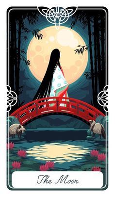 The Moon tarot card comes from Yoshi Yoshitani's Tarot of the Divine deck. The art of this card depicts the Japanese folklore figure of Kaguyahime--the woman sent down to Earth as an infant from the moon. She's raised by mortals, but is eventually called back to her home on the moon.
Kaguyahime stands on a small red footbridge that hovers over what looks like a large pond. Her face is turned away from the card, instead focused on the giant full moon behind her. On both ends of the bridge are tanukis--mythical Japanese raccoons. The tanuki on the right stares up at the moon in the sky. While the tanuki on the left gazes down at the reflection of the moon on the water.