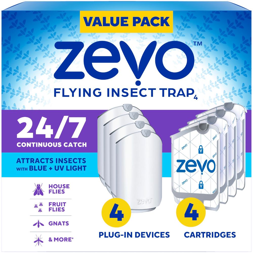 A product image for Zevo flying insect traps, which are basically plug-in lights with sticky stuff on the back that bugs fly into and get trapped.
