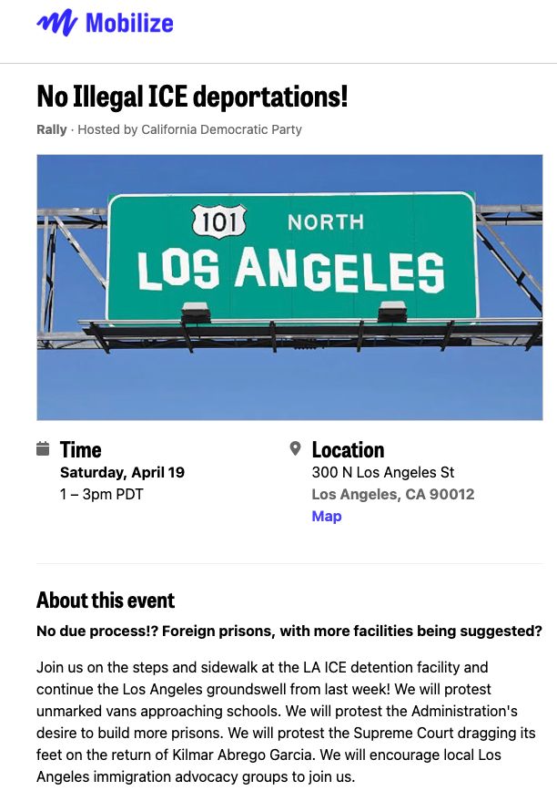 No Illegal ICE deportations Saturday 4/19 1-3 pm, 300 N. Los Angeles Street Los Angeles CA 90012 Join us on the steps and sidewalk at the LA ICE detention facility and continue the Los Angeles groundswell from last week.