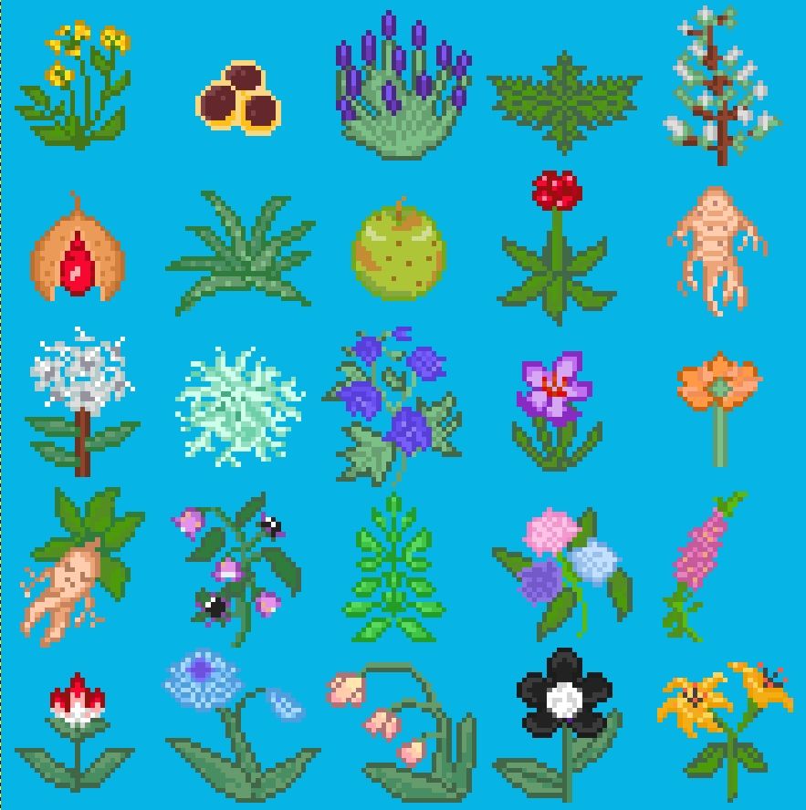 A collection of 25 pixel sprites of various herbs, flowers, nuts, and seeds.