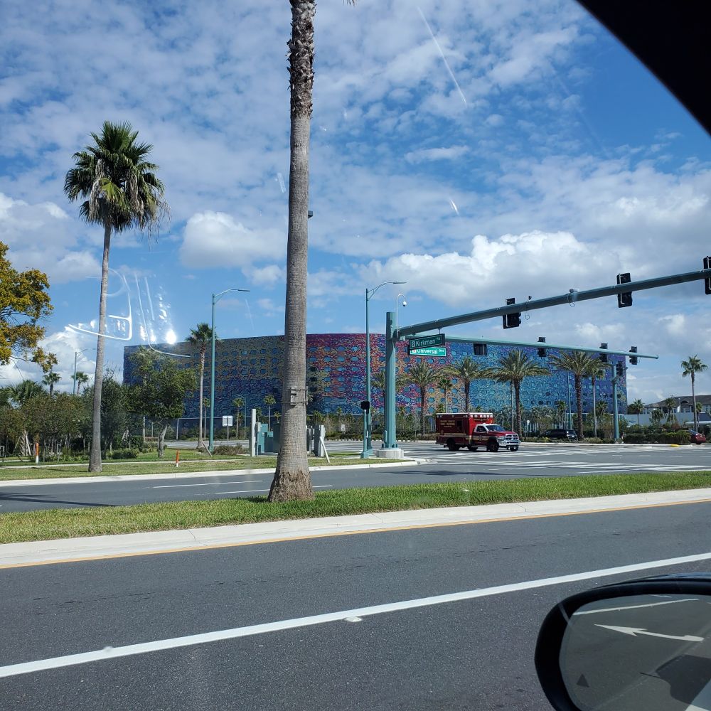 The Universal Stella Nova resort. An Orange County Fire Rescue Ambulance is at the intersection of Universal Blvd and Kirkman. 