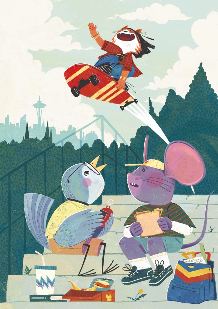 Two animal characters - a bird and a mouse - having lunch, while a cat character jumps over them with a skateboard.