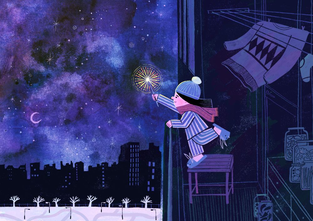 Little girl on a balcony holding a sparkler. 