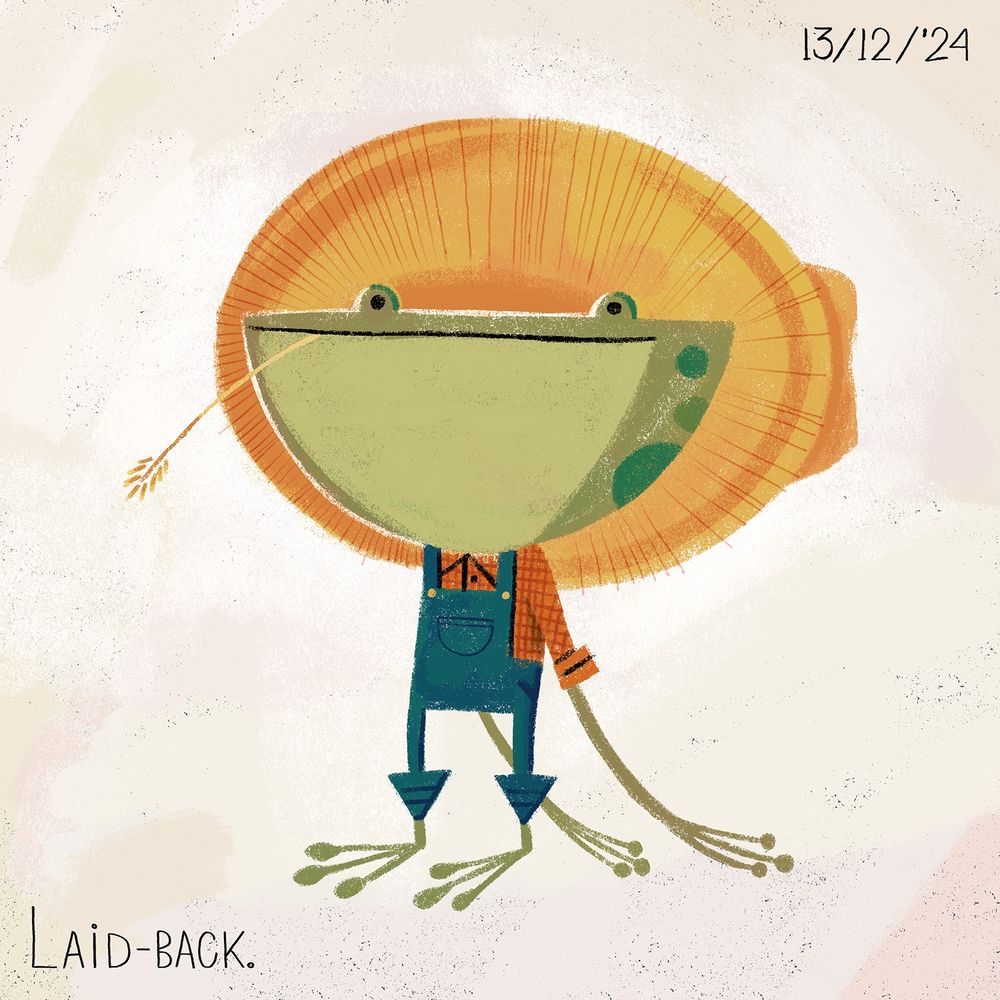 A frog character with a straw hat, red shirt and denim overalls.