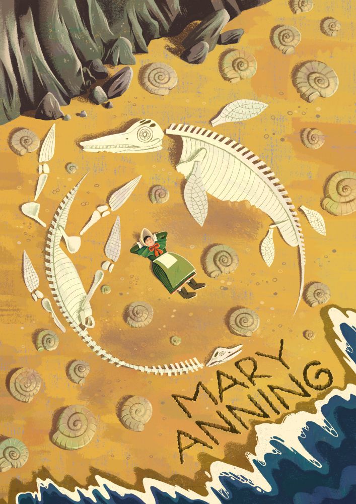 Mary Anning lying on the beach with a plesiosaur and ichthyosaur skeletons and ammonite fossils surrounding her. 