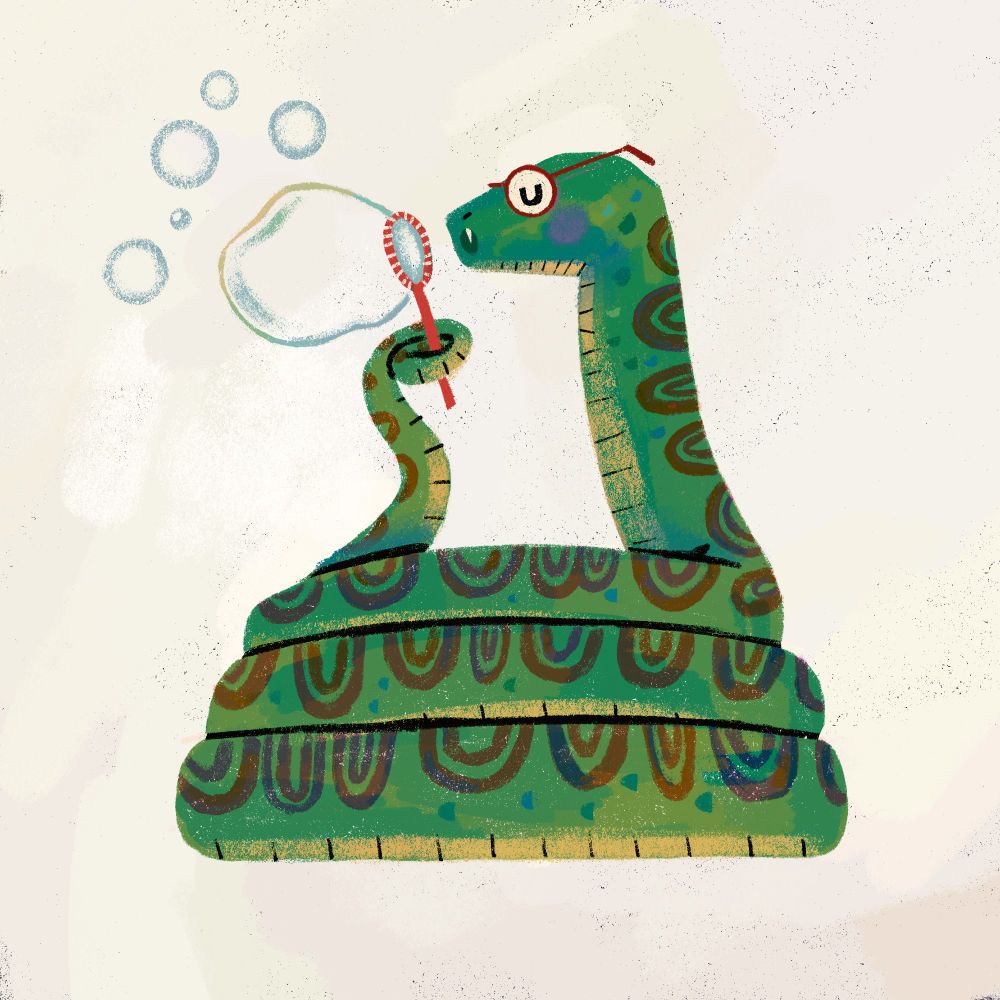 A snake with glasses blowing soap bubbles.