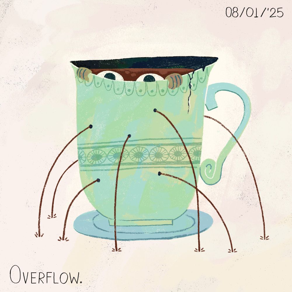 A leaking coffee cup with a creature peaking from inside of it 