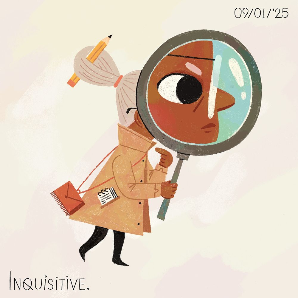 A woman detective whose face is magnified by the magnifying glass she's carrying. 