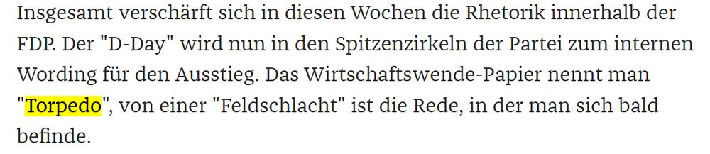 Ein Ausschnitt des Zeit Artikels "Das liberale Drehbuch für den Regierungssturz" in dem das Wort "Torpedo" für das "Wirtschaftswende-Papier" benutzt wird.