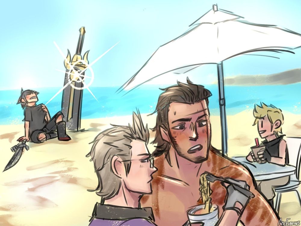 An illutration of Final Fantasy XV's characters Noctis, Ignis, Gladiolus, and Prompto. The scene shows a beach-like location. Noctis looks defeated from a friendly spar with Gladiolus implied being the winner. Ignis feeds Gladio some cup noodles akin to a mother feeding a child whom is being fed a bite before he can return to playing. Prompto is seated at a table under a beach umbrella, smiling at Noctis, and enjoying a cup of boba.