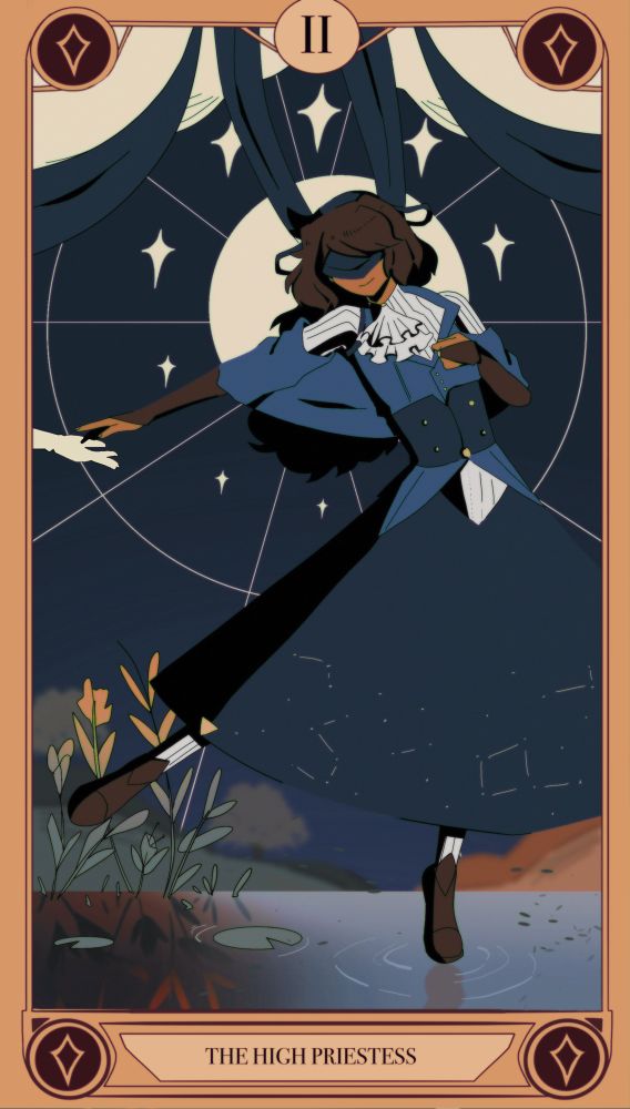A drawing of my original character Io. The illustration is a tarot card, with the label “The High Priestess”. She is standing on one foot, on what seems to be a small body of water, with her other foot in the air where the water is turning to blood. Her hand is reaching toward another on the left side where the water is changing. 