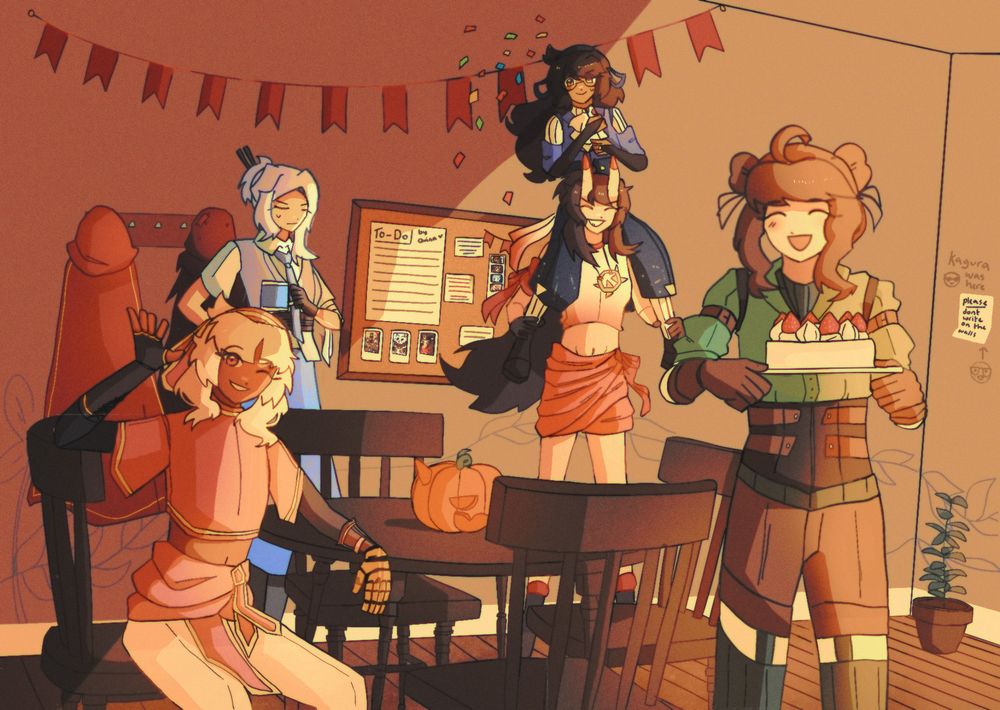 A digital illustration of five of my original characters - Quinn, Merry, Grazie, Io and Kagura - celebrating Palo's birthday. The drawing is set from Palo's perspective. Quinn is holding a cake, Merry is sat around a table waving, Grazie is holding a mug and Io is sat on top of Kagura's shoulders. The room has a few props, like there being a carved pumpkin at the table Merry is sat at, as well as a to-do list on the wall behind Kagura and a coat hanger with Merry and Palo's cloaks on. 