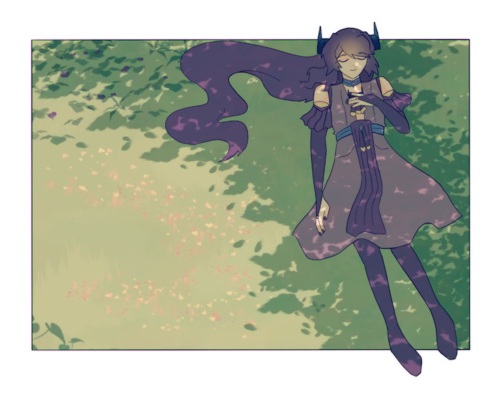 Illustration of my original character Vena, laying on grass with her eyes closed and her hand on her chest while slightly poking out of the frame that the grass is inside. 
