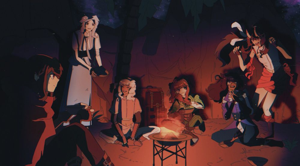 An illustration of my original characters, Palo, Quinn, Merry, Grazie, Io and Kagura around a campfire in the desert with bowls of food. Kagura is scaring Io, Quinn and Palo are looking at them, and Grazie is giving Merry a bowl. 